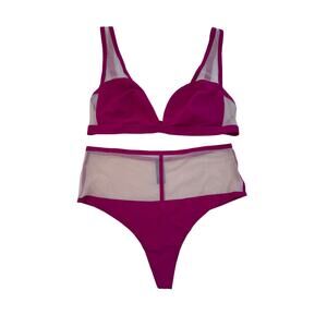 Victoria’s Secret Luxe Hot Pink Mesh Lingerie Set Size L Plunge Bralette